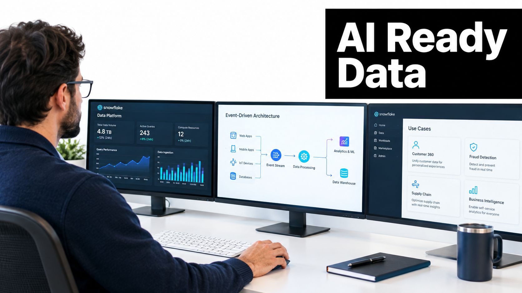 A professional working on data analytics and event-driven architecture using multiple Snowflake monitors at a desk.
