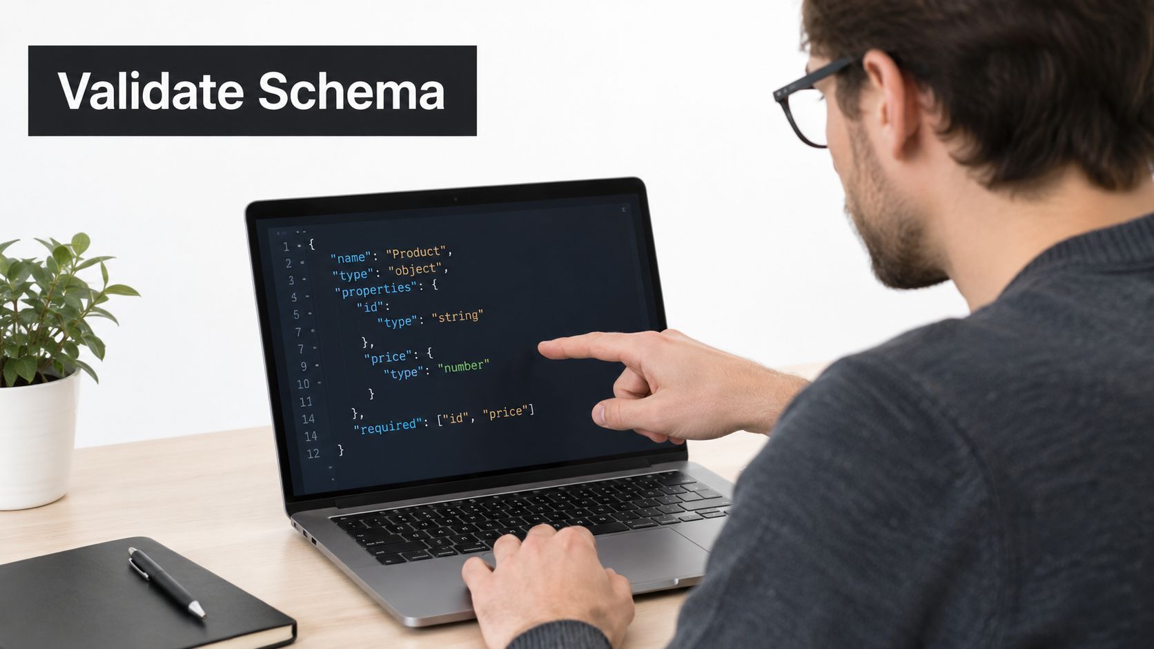 A professional developer analyzing and reviewing JSON schema code displayed on a laptop screen at a desk.