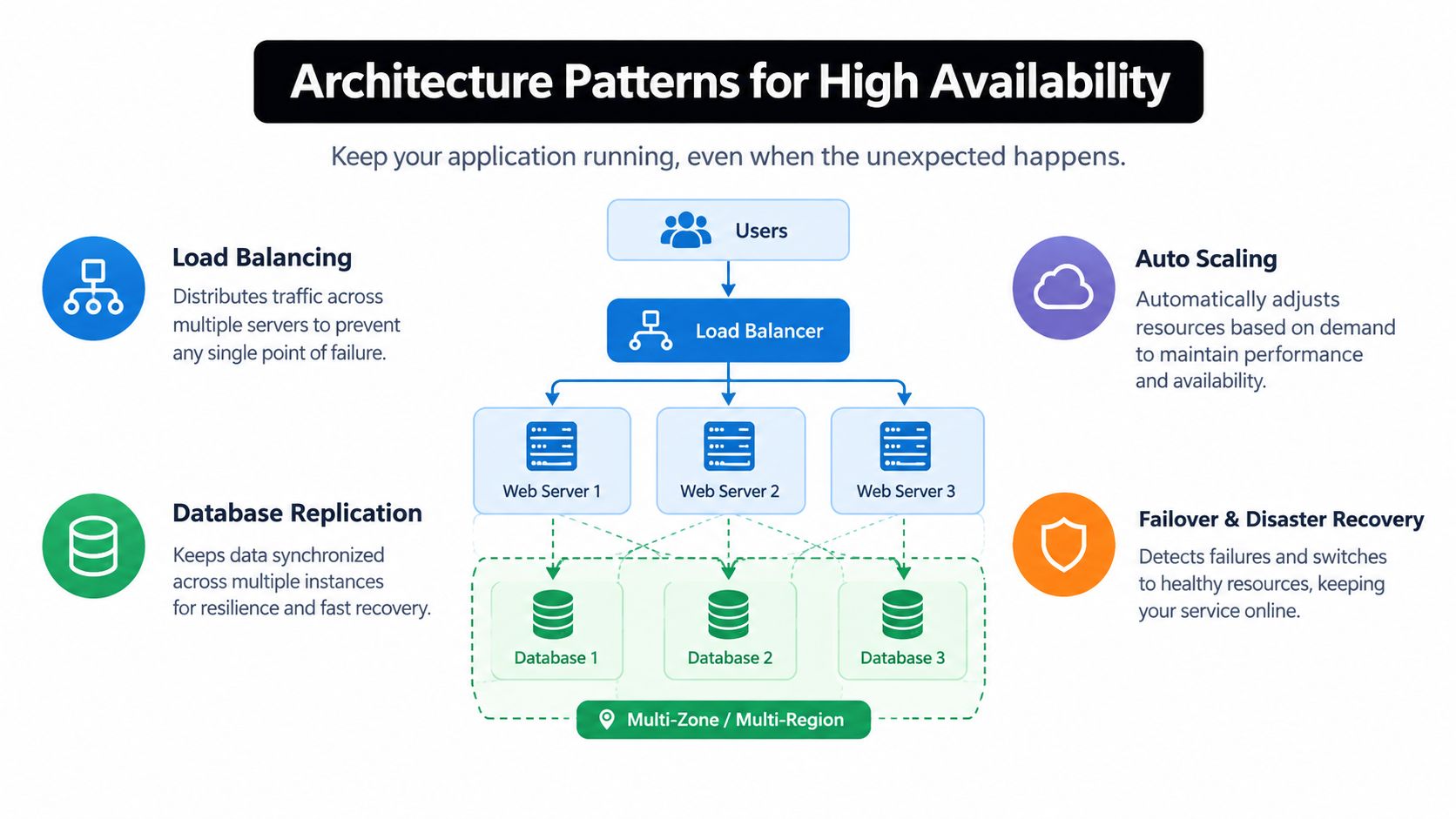 A diagram illustrating architecture patterns for high availability, including load balancing, auto scaling, and database replication.