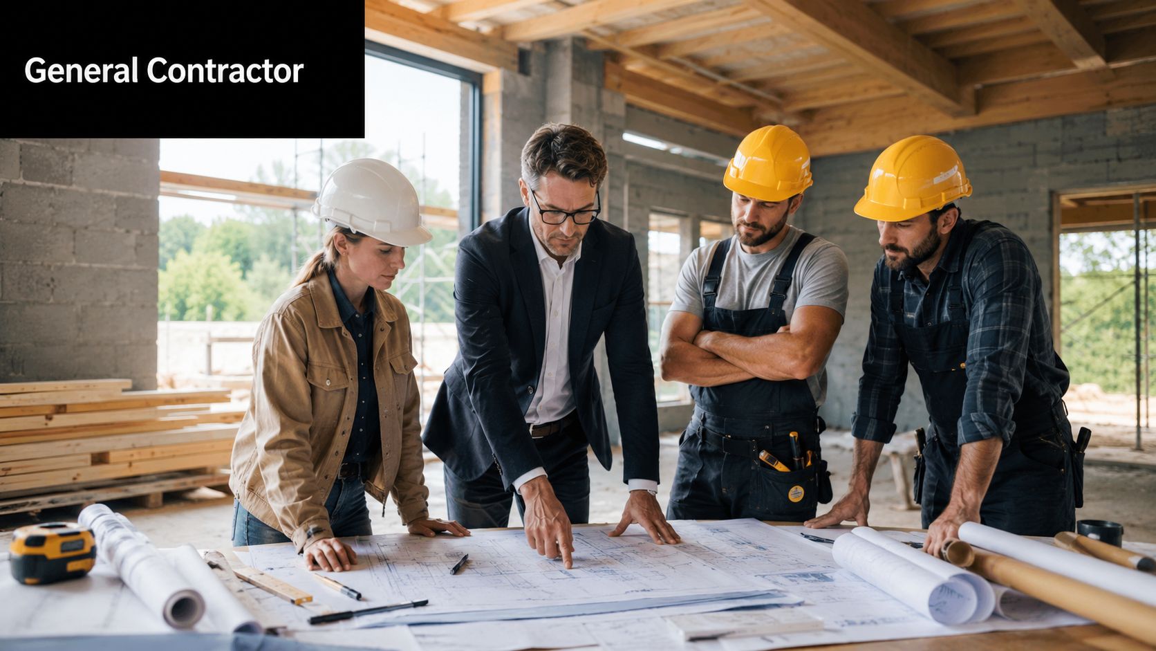 A general contractor in a suit discusses construction blueprints with colleagues on a building site.
