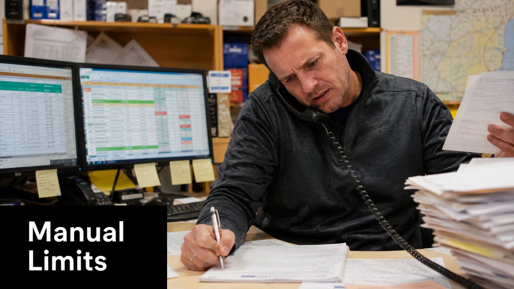 A professional man multitasking while talking on the phone and writing notes at his office desk.