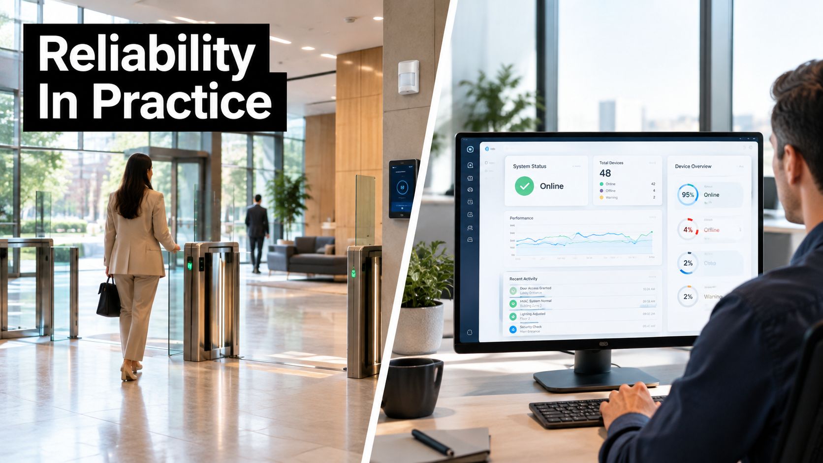 A split screen showing a professional office building entrance and a person monitoring system dashboard on computer.