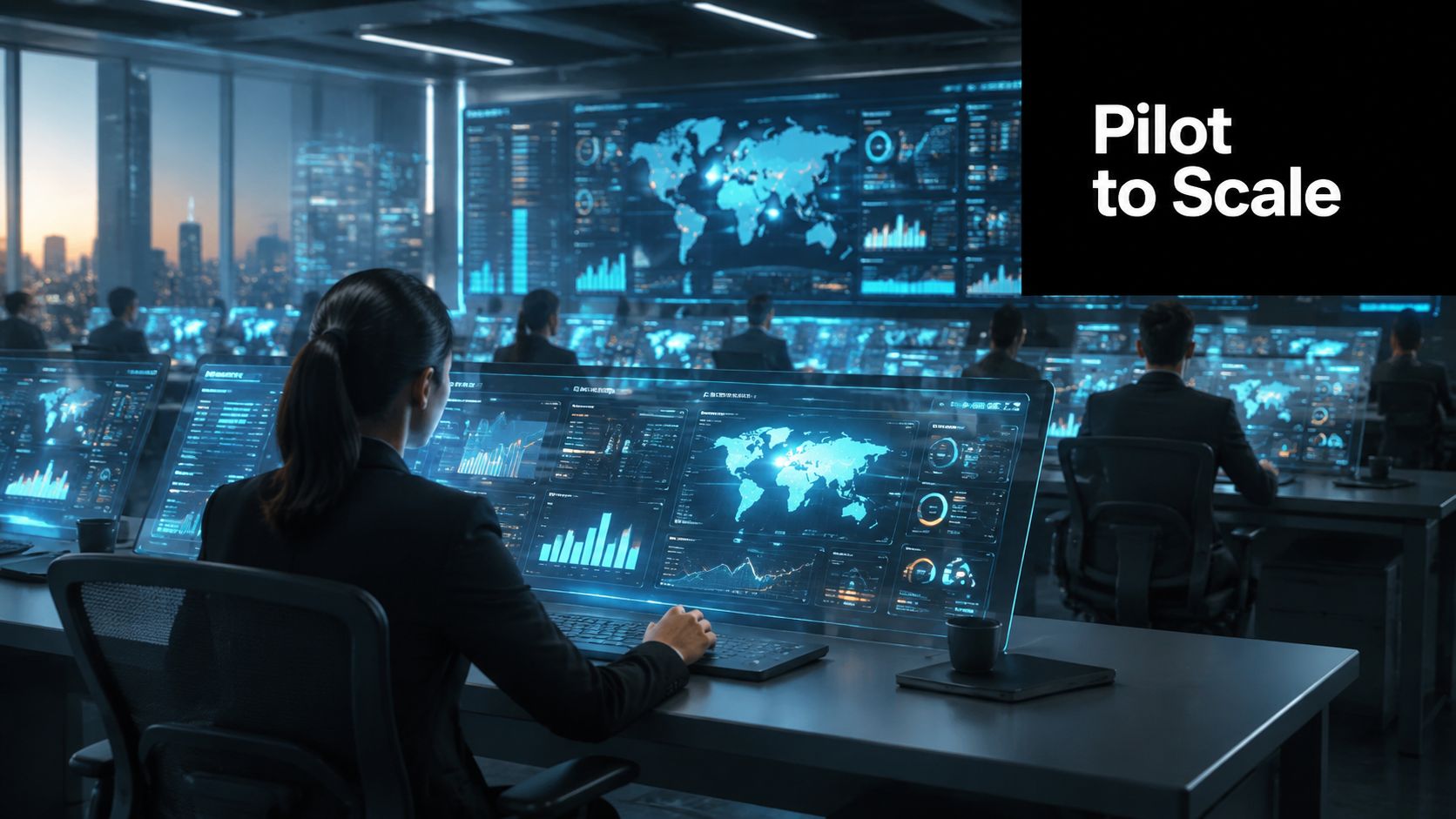 Professionals working in a futuristic command center monitoring global data on advanced digital screens.