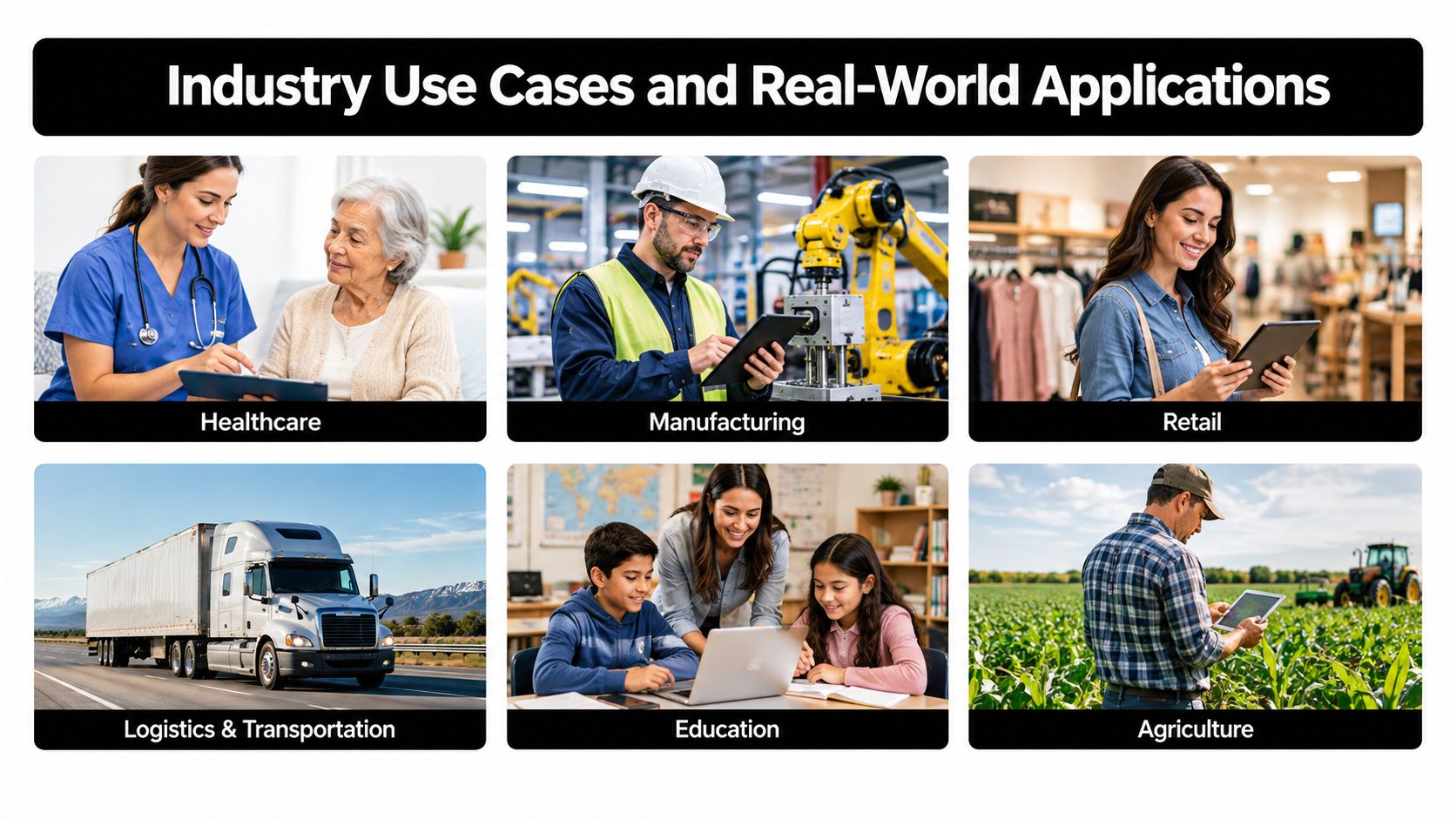A collage showing diverse industry use cases including healthcare, manufacturing, retail, logistics, education, and modern agriculture.