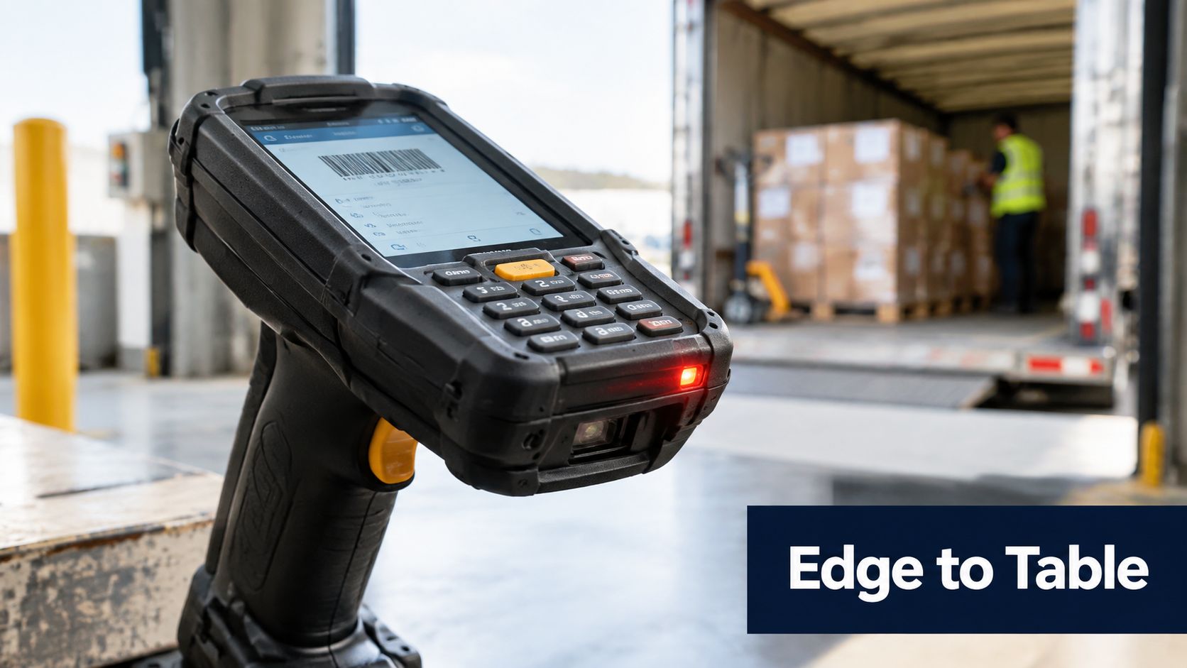 A rugged industrial handheld barcode scanner in the foreground with a warehouse loading dock in the background.