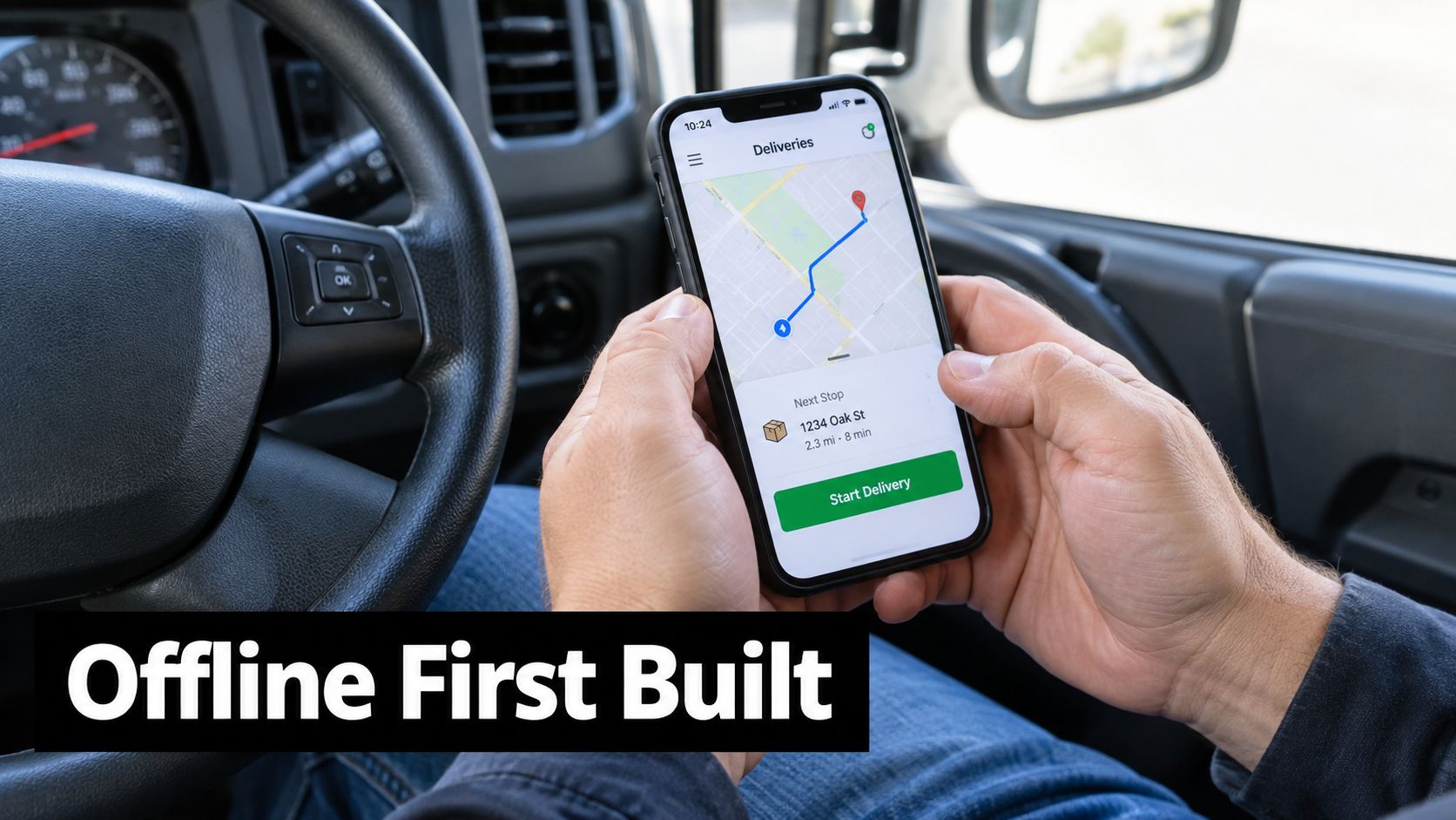 A delivery driver in a vehicle checking a logistics mobile app on a smartphone for navigation.