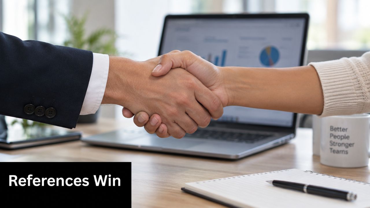 Two business professionals shaking hands over a wooden office desk to seal a new partnership agreement.