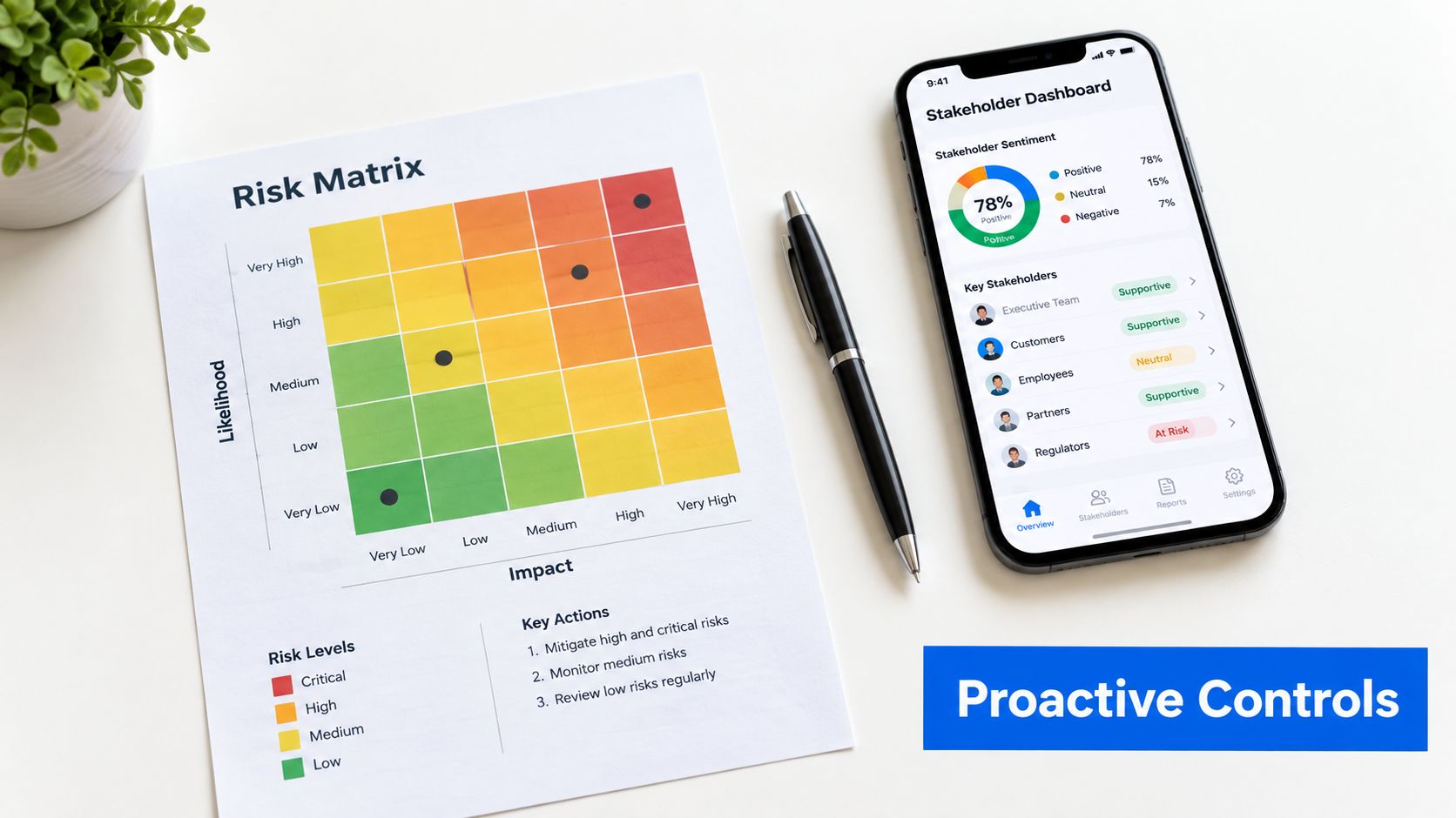 A risk matrix chart and a smartphone showing a stakeholder dashboard on a white office desk.
