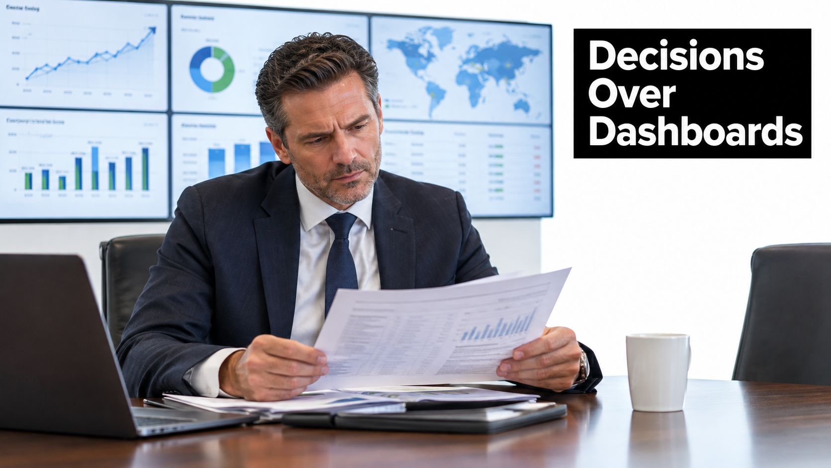 A professional businessman analyzing printed charts and data reports at his office desk with digital displays behind.
