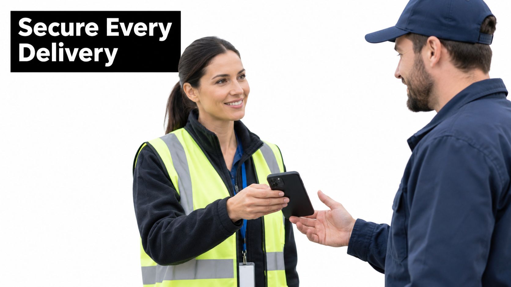 A professional woman in a high-visibility vest hands a mobile phone to a delivery driver outdoors.