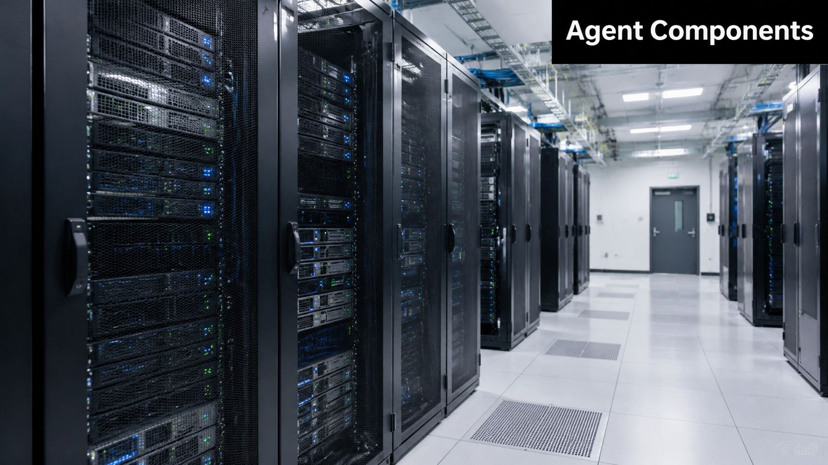 A modern data center featuring rows of server racks with blinking lights in a professional facility.