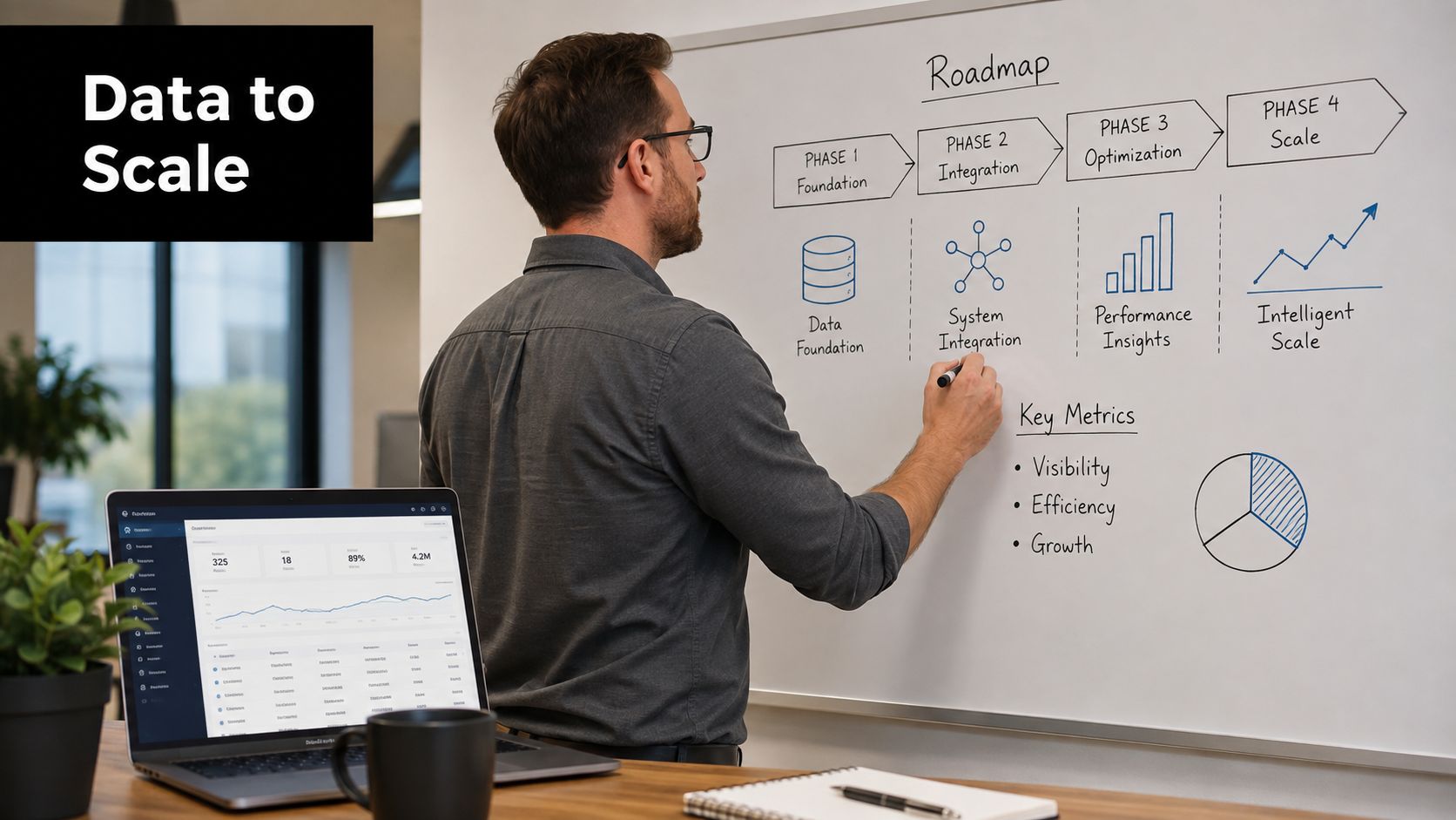 A professional man drawing a data roadmap on a whiteboard, illustrating strategic growth and logistics automation phases.