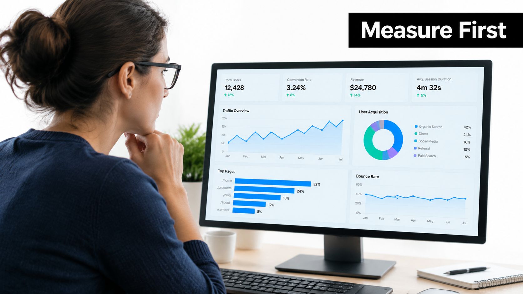 A woman looks at an analytics dashboard on her computer monitor displaying business growth metrics.
