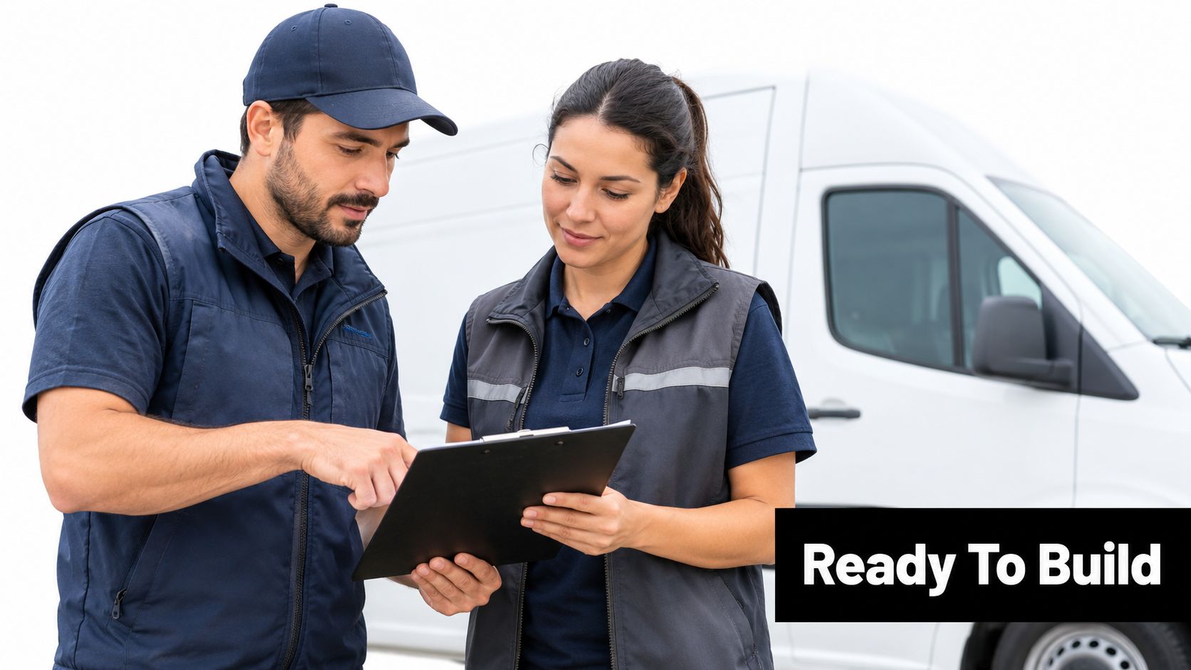 A professional delivery worker and a logistics coordinator reviewing a document in front of a white van.
