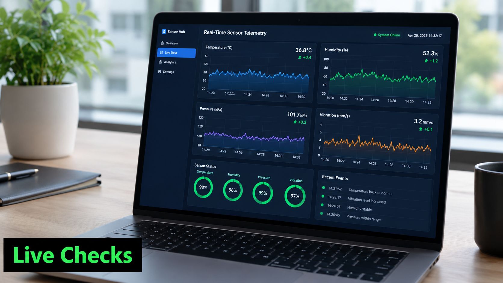 A laptop screen displaying a real-time sensor telemetry dashboard with various analytical graphs and status indicators.