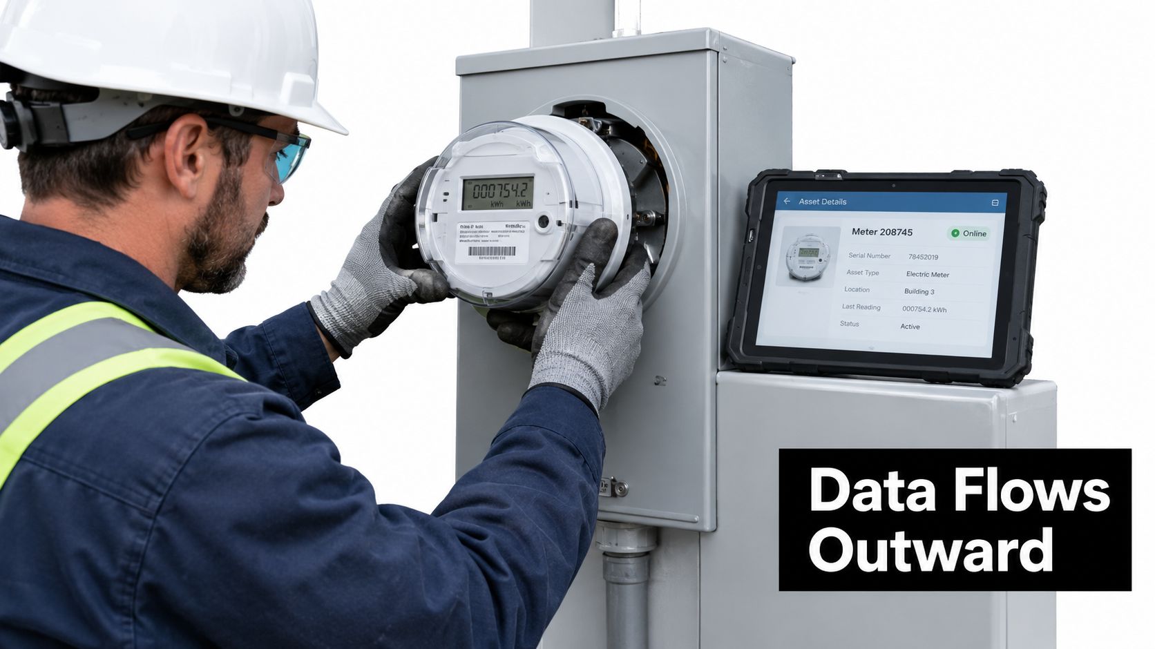 A technician wearing a hard hat and protective gloves installs a smart electric meter while checking data on a tablet.
