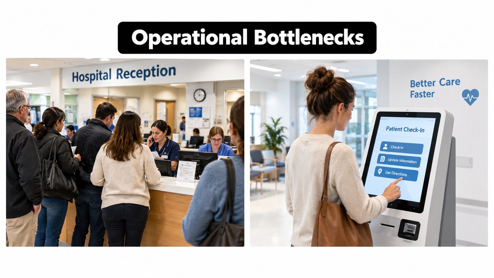 Hospital visitors waiting at a reception desk versus a patient using a self-service check-in kiosk.