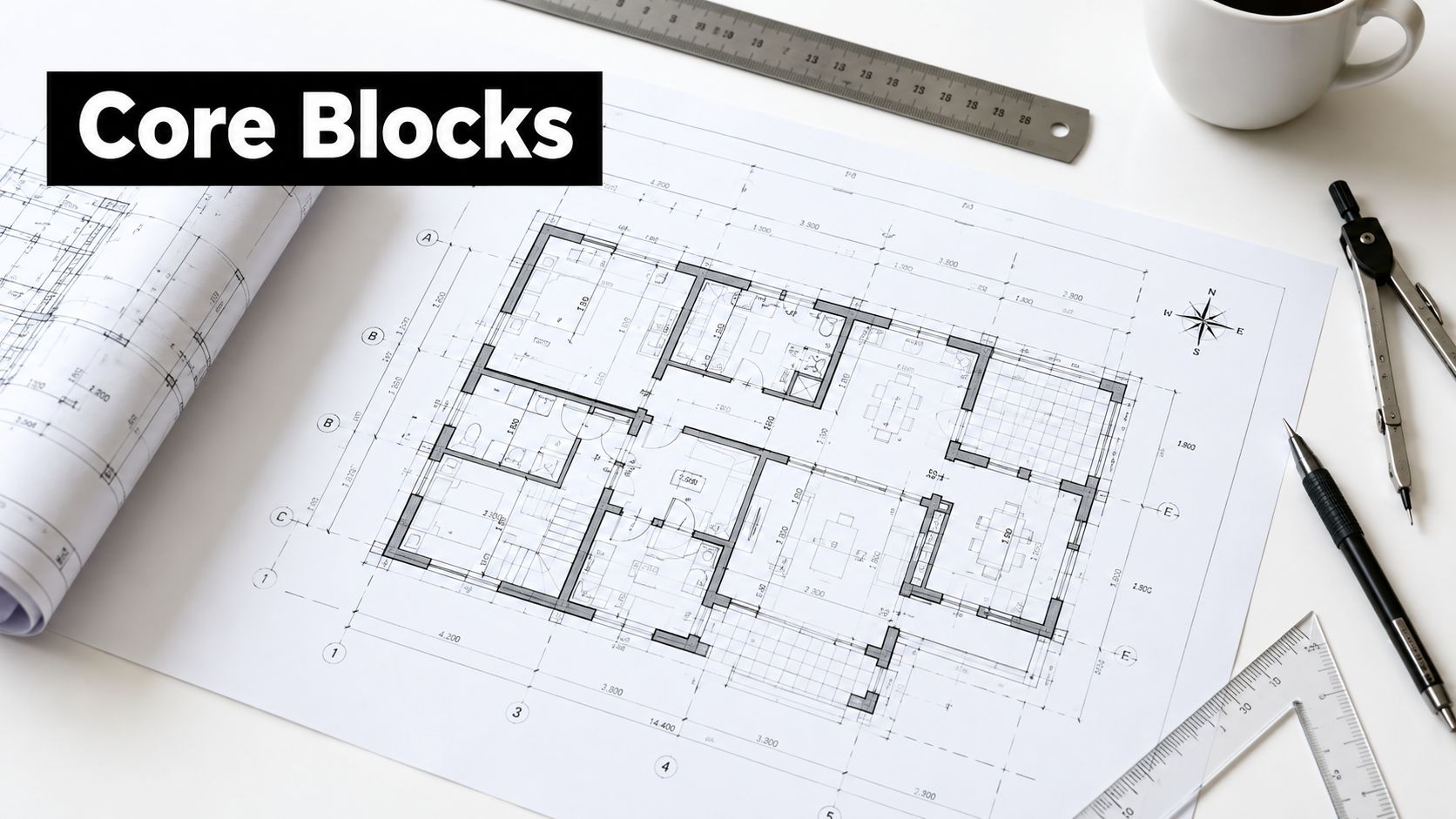 A top-down view of architectural blueprints on a white desk with a pen, compass, and ruler.