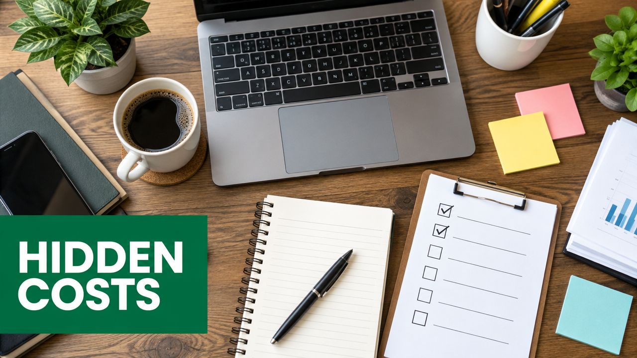 A professional office desk setup featuring a laptop, notebook, checklist, and green plants on a wooden table.