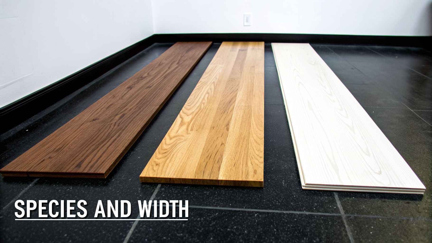 Three hardwood flooring planks in dark, medium, and light colors, showcasing different wood species.