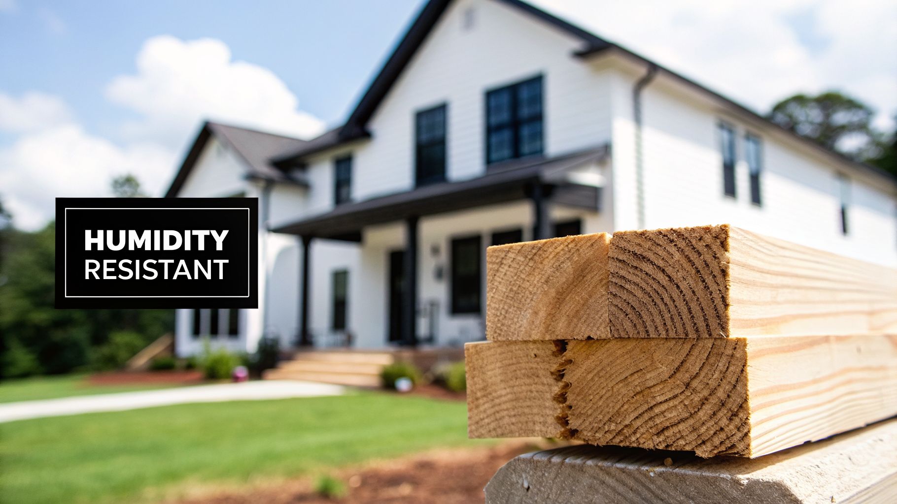 Stacked wood planks with 'Humidity Resistant' text, set against a modern white house backdrop.