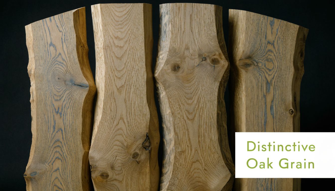 Four thick slabs of natural European white oak displaying distinctive wood grain patterns against a dark background.