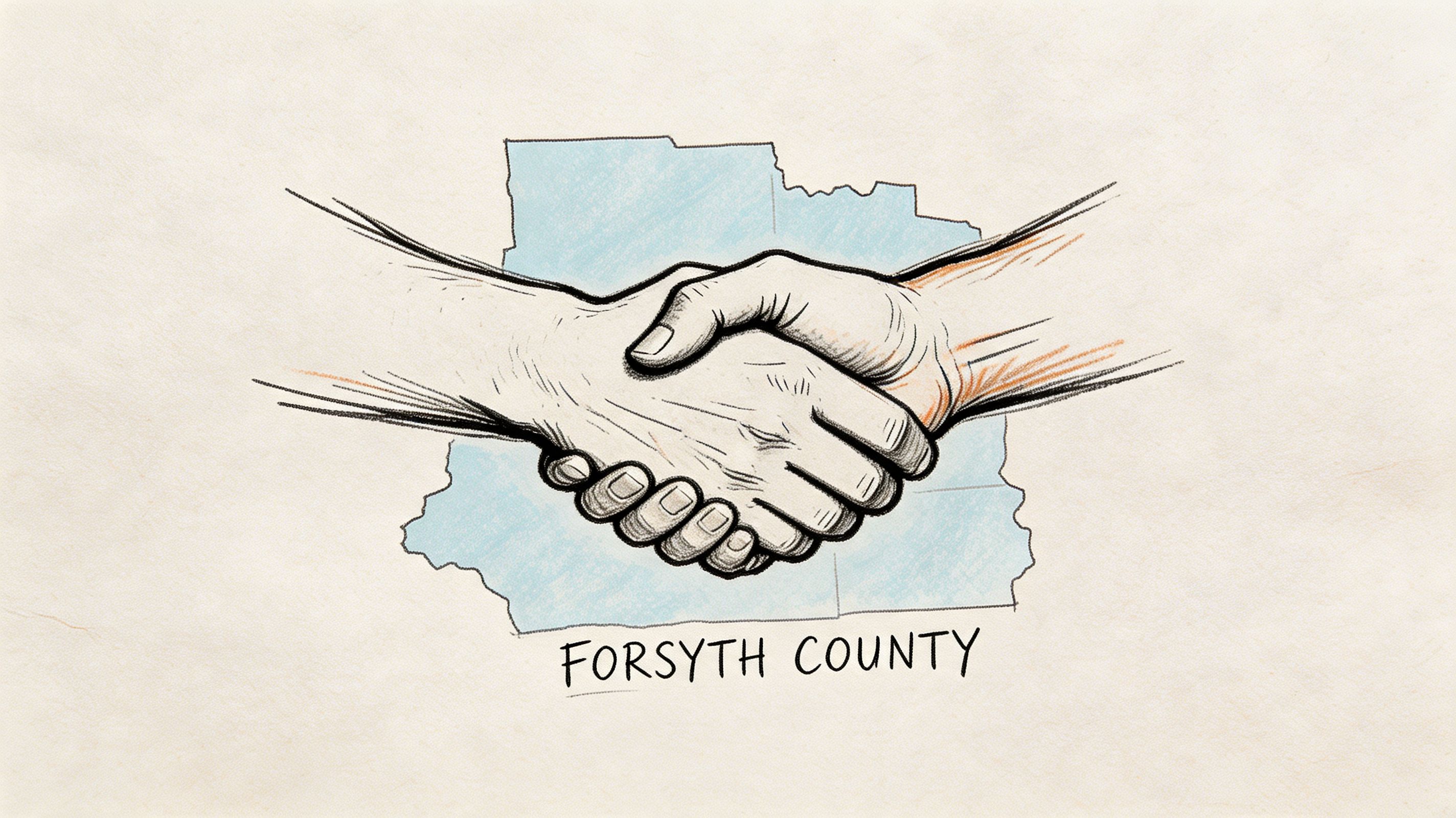 A hand-drawn illustration of two hands shaking in front of a blue map of Forsyth County.