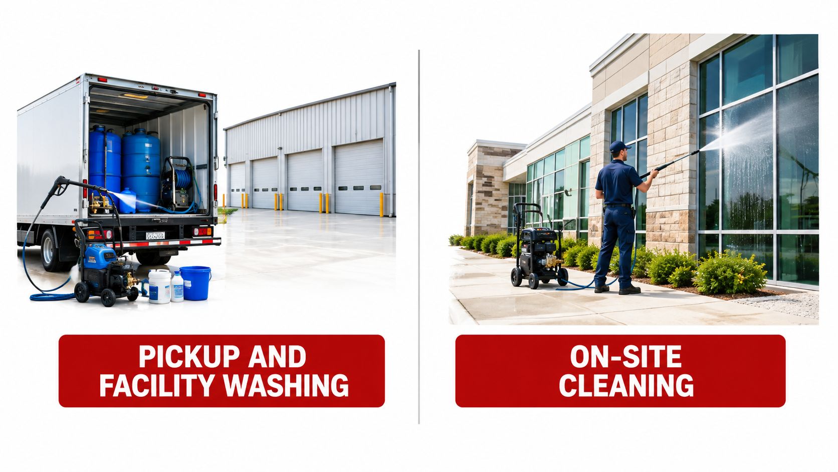A split image showing professional pressure washing services for facility cleaning and on-site exterior surface maintenance.