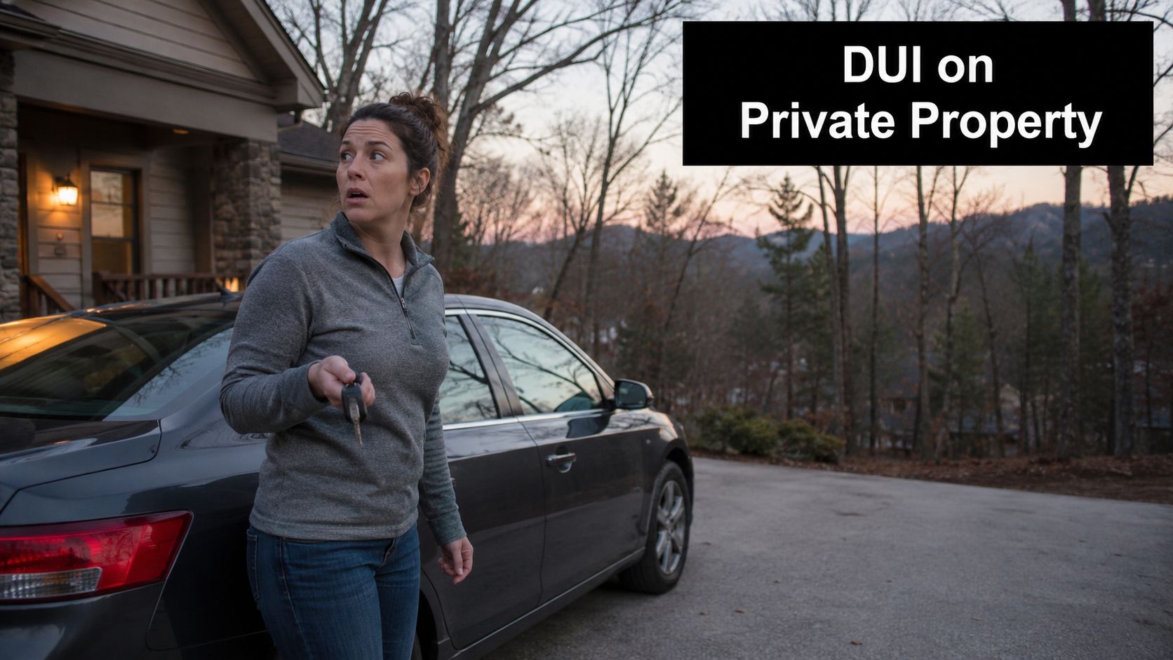 A concerned woman standing by her car holding keys in a residential driveway at dusk.