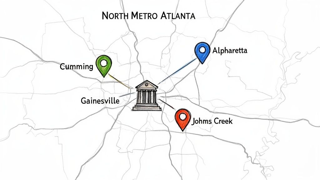 Map of North Metro Atlanta showing a central building connected to Alpharetta, Cumming, and Johns Creek.