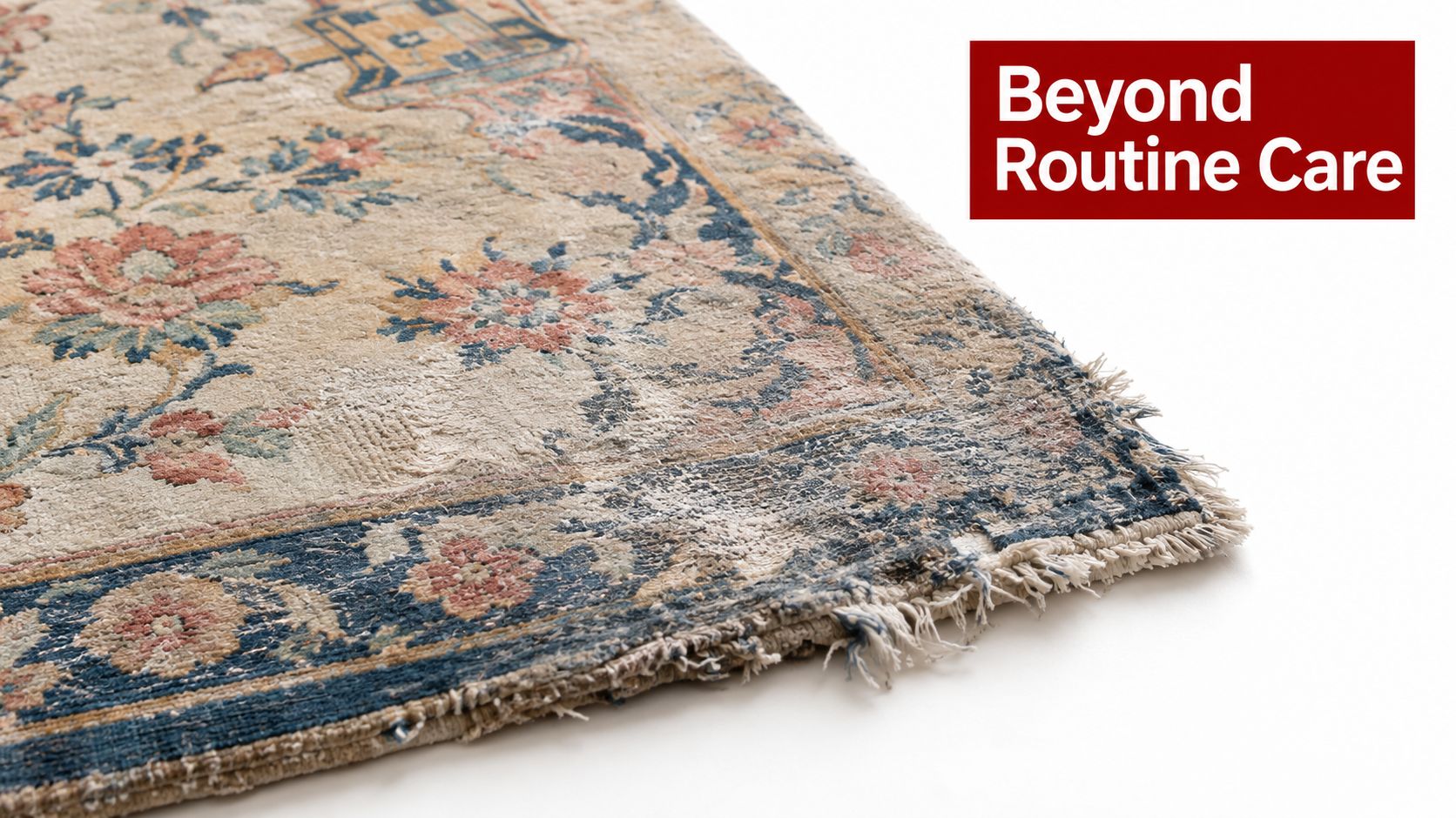 A close-up view of an antique Persian rug showing worn fibers and detailed floral patterns.
