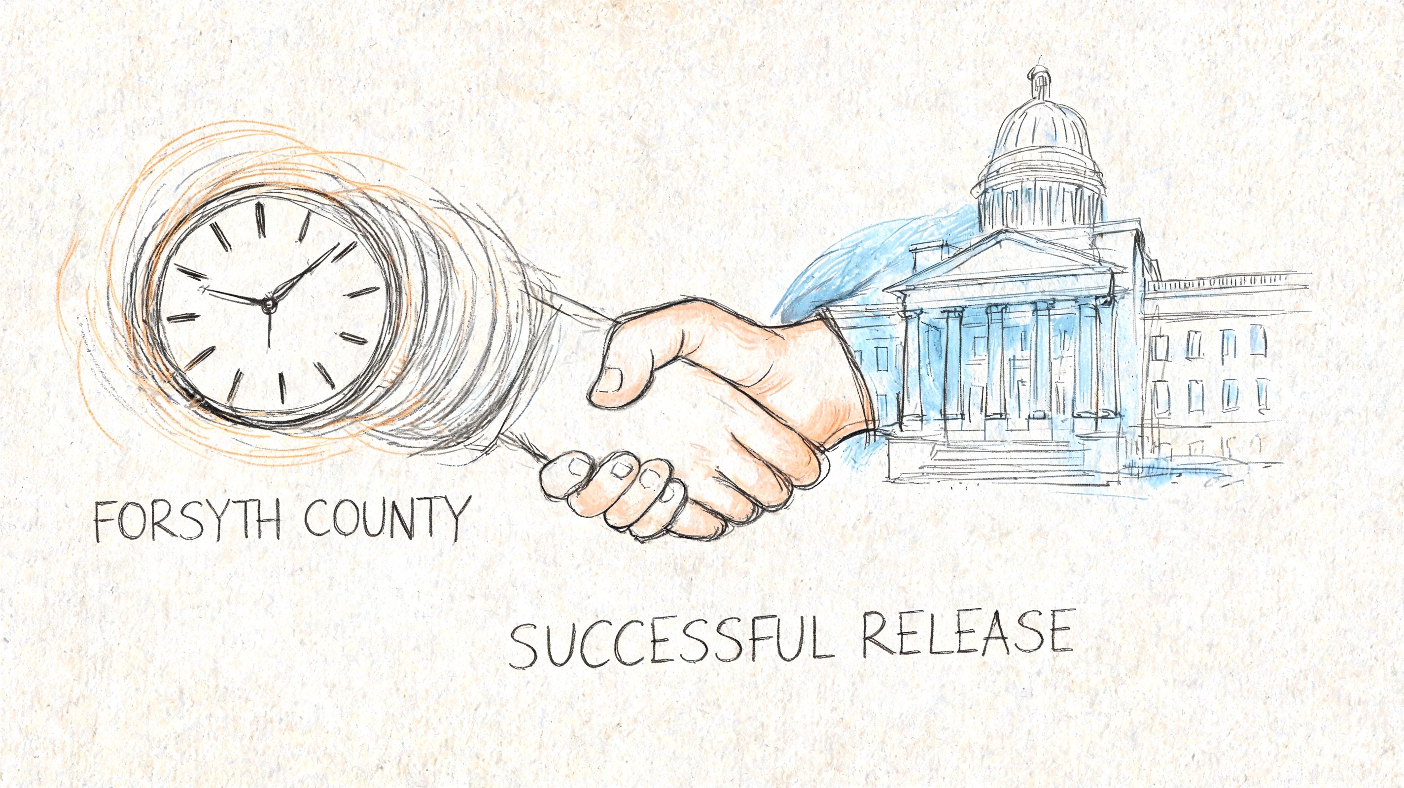 A conceptual sketch showing a handshake connecting a clock with a government courthouse building.