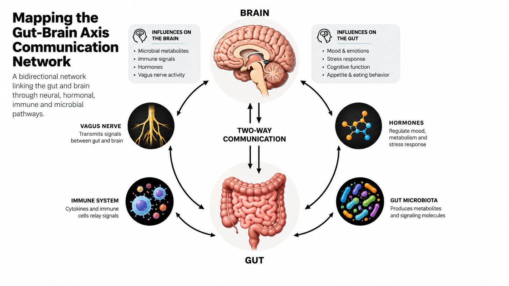 A diagram illustrating the bidirectional communication pathways between the brain and the gut within the human body.