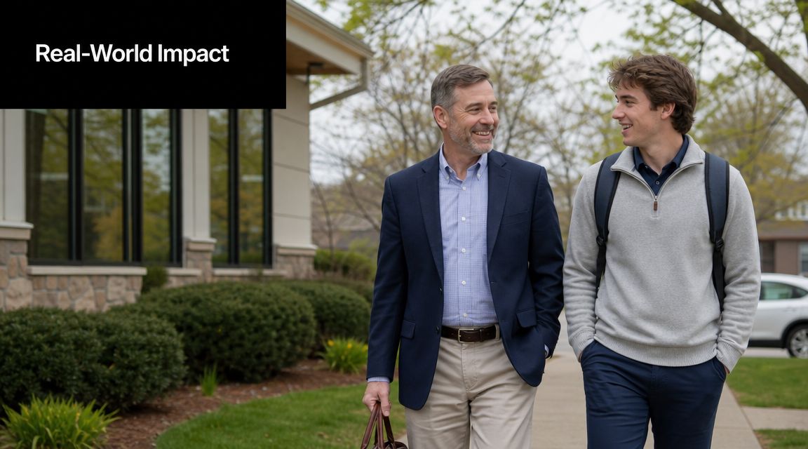 A professional man and a college student walking together outside an office building while talking.