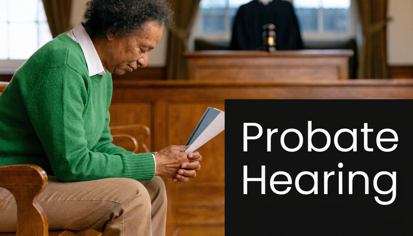 A concerned elderly man sits in a courtroom holding legal documents during a solemn probate hearing session.