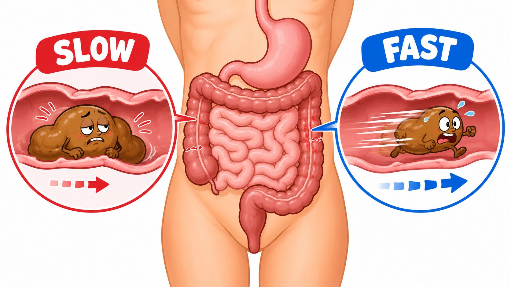 A diagram illustrating the difference between slow and fast intestinal transit time in the digestive system.