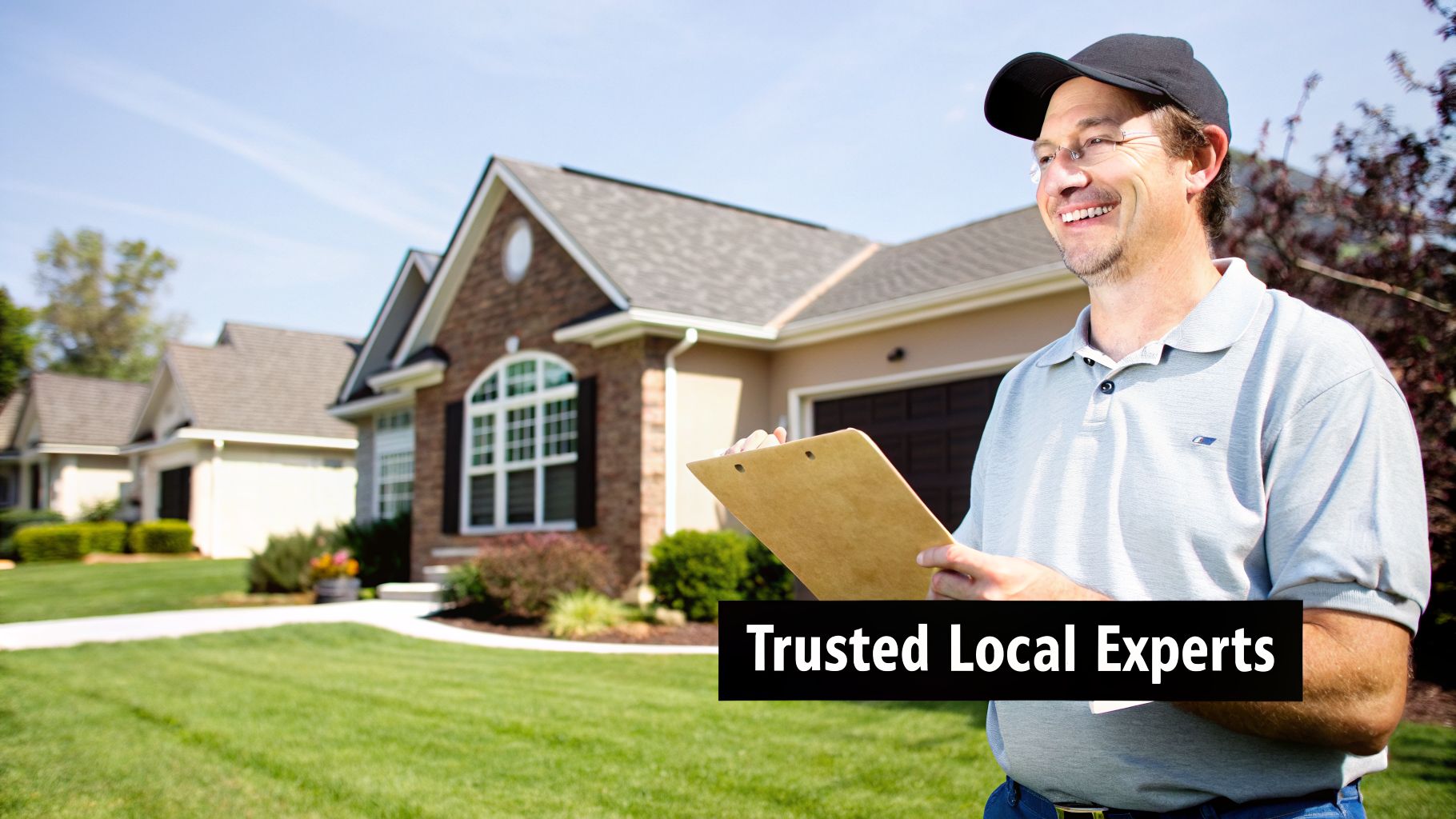A smiling man holding a clipboard stands in front of suburban houses on a sunny day.