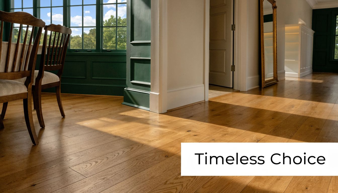 Elegant dining room interior featuring rich medium wood floors with sunlight streaming across the polished planks.