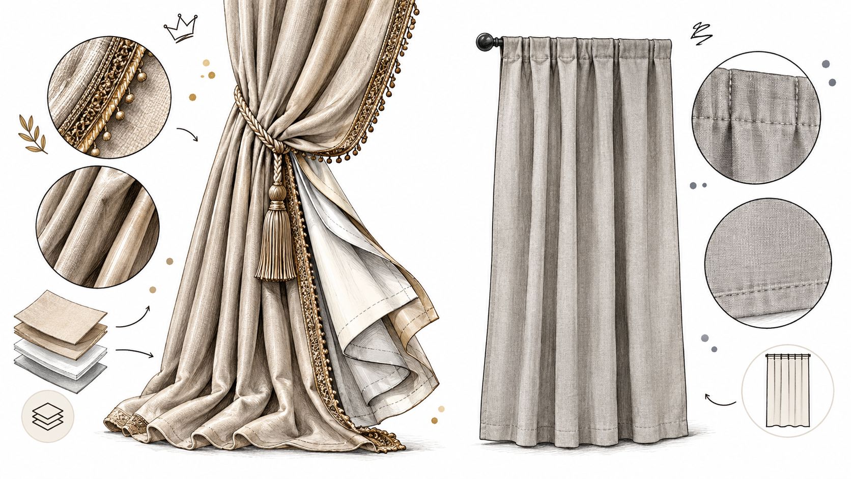 A detailed illustration showing luxury draped curtains and simple fabric curtains with close-up construction details and textures.