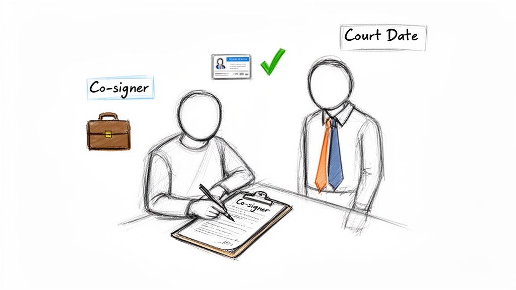 Illustration of two men, one signing a co-signer document, with 'Court Date' and ID card.