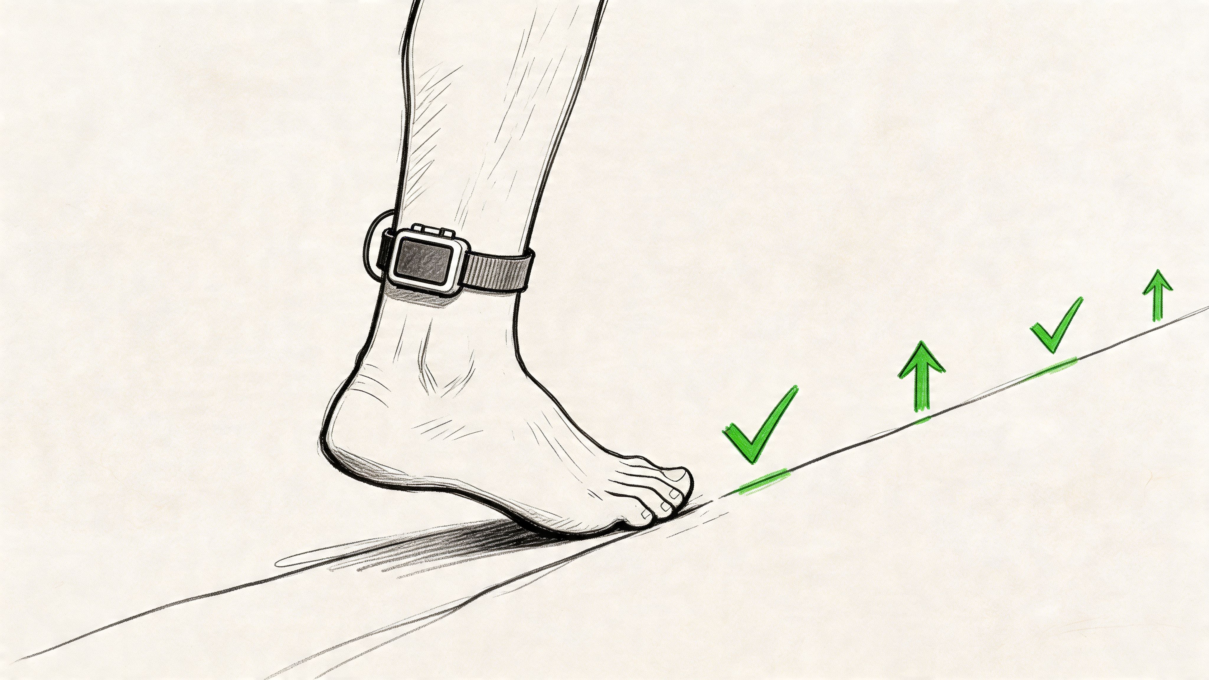 A pencil sketch of a human ankle wearing an electronic monitoring device with green checkmarks nearby.