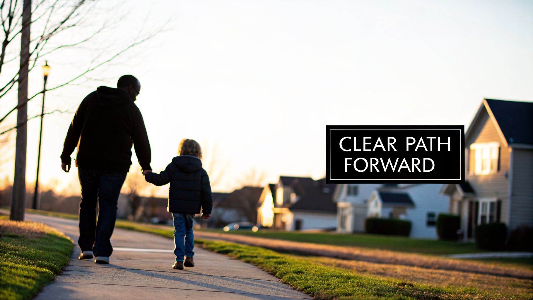 A father and son walk hand-in-hand on a sidewalk at sunset, with 'Clear Path Forward' text.