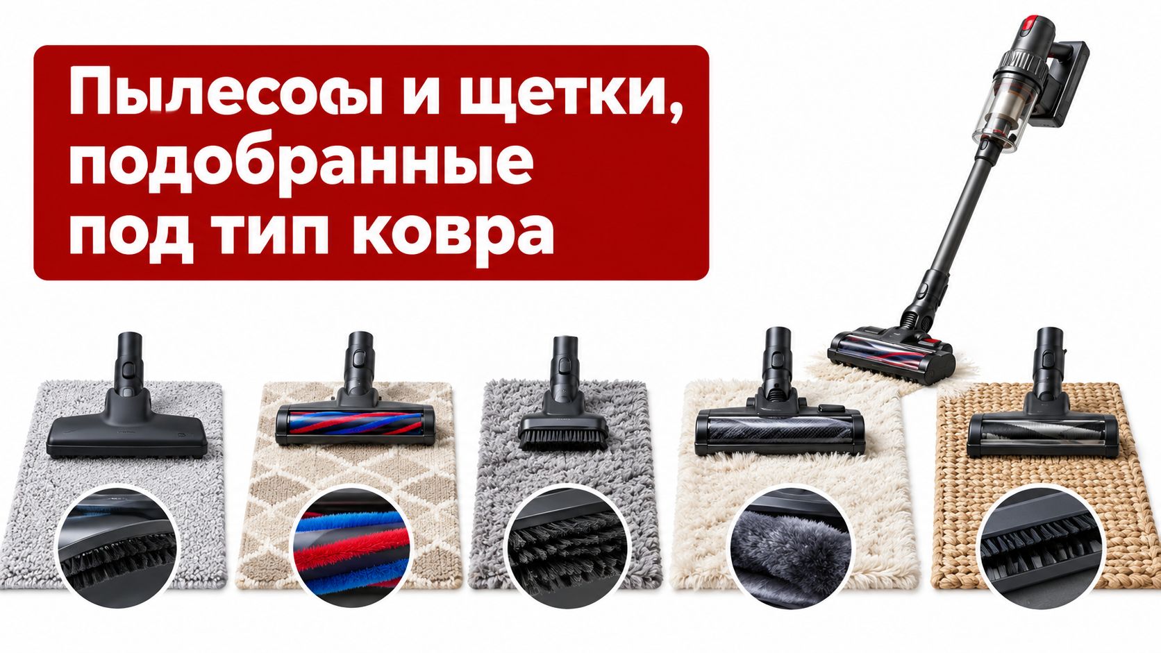 A collection of various vacuum cleaner attachments displayed alongside different styles of area rugs for cleaning.