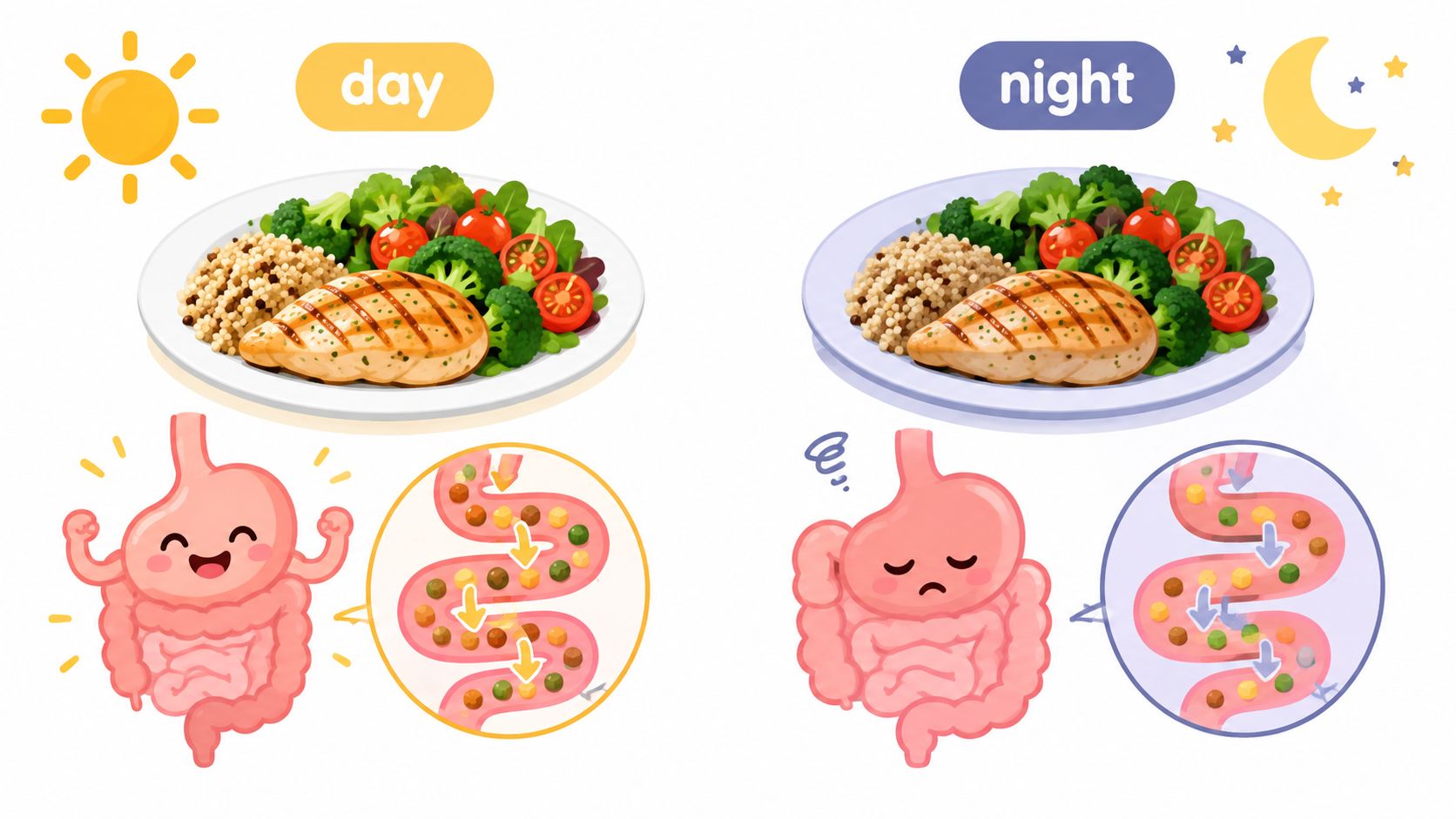 A comparative illustration showing healthy daytime digestion versus slow nighttime digestion causing stomach discomfort and bloating.