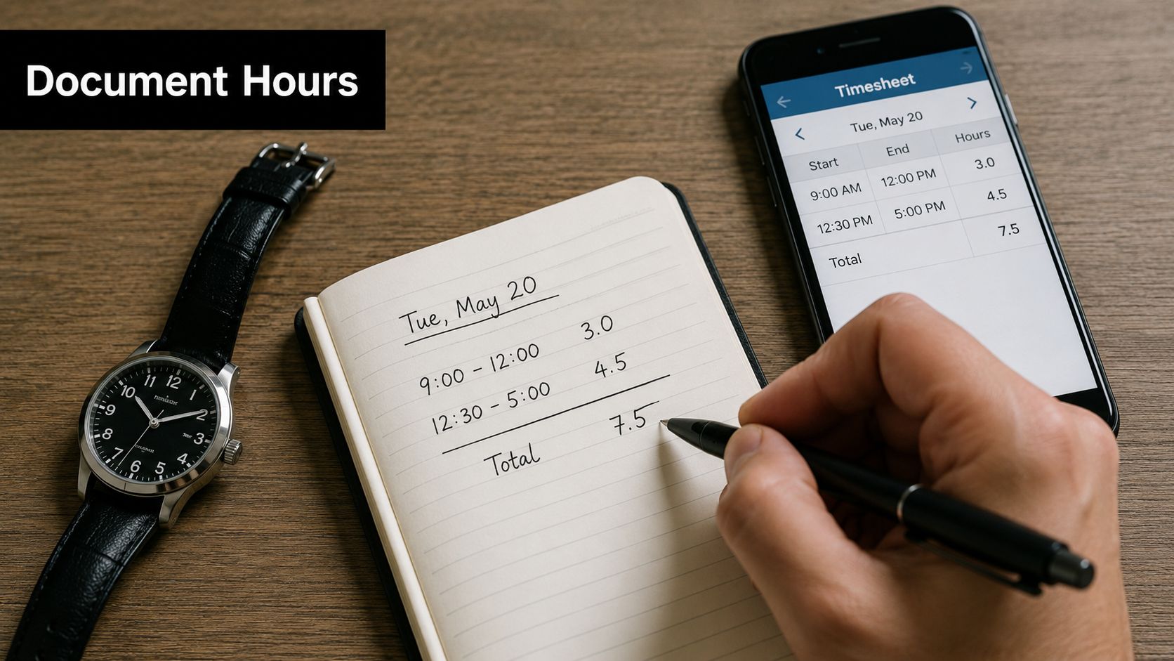 A person recording work hours in a notebook next to a smartphone displaying a digital timesheet app.