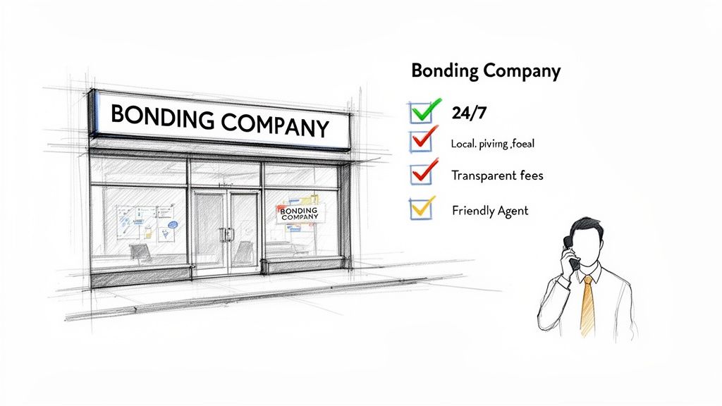 Illustration showing a bonding company building, its services, and a helpful agent on the phone.