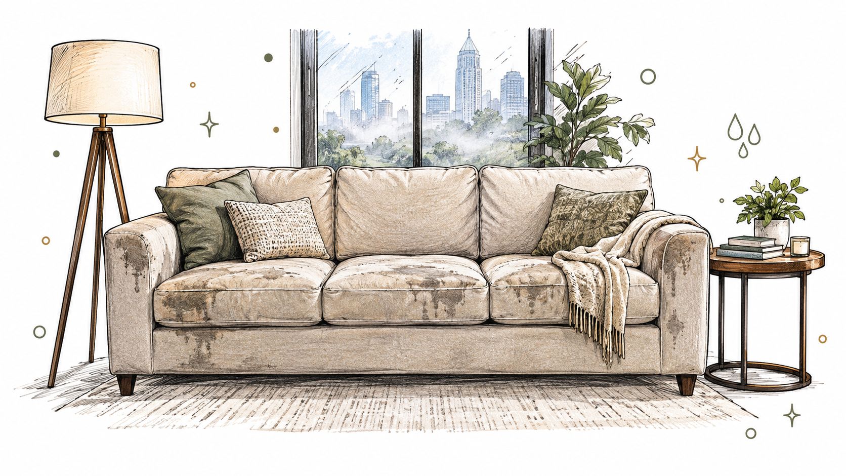 A cozy, sketch-style illustration of a comfortable couch with decorative pillows placed in a bright, modern living room.