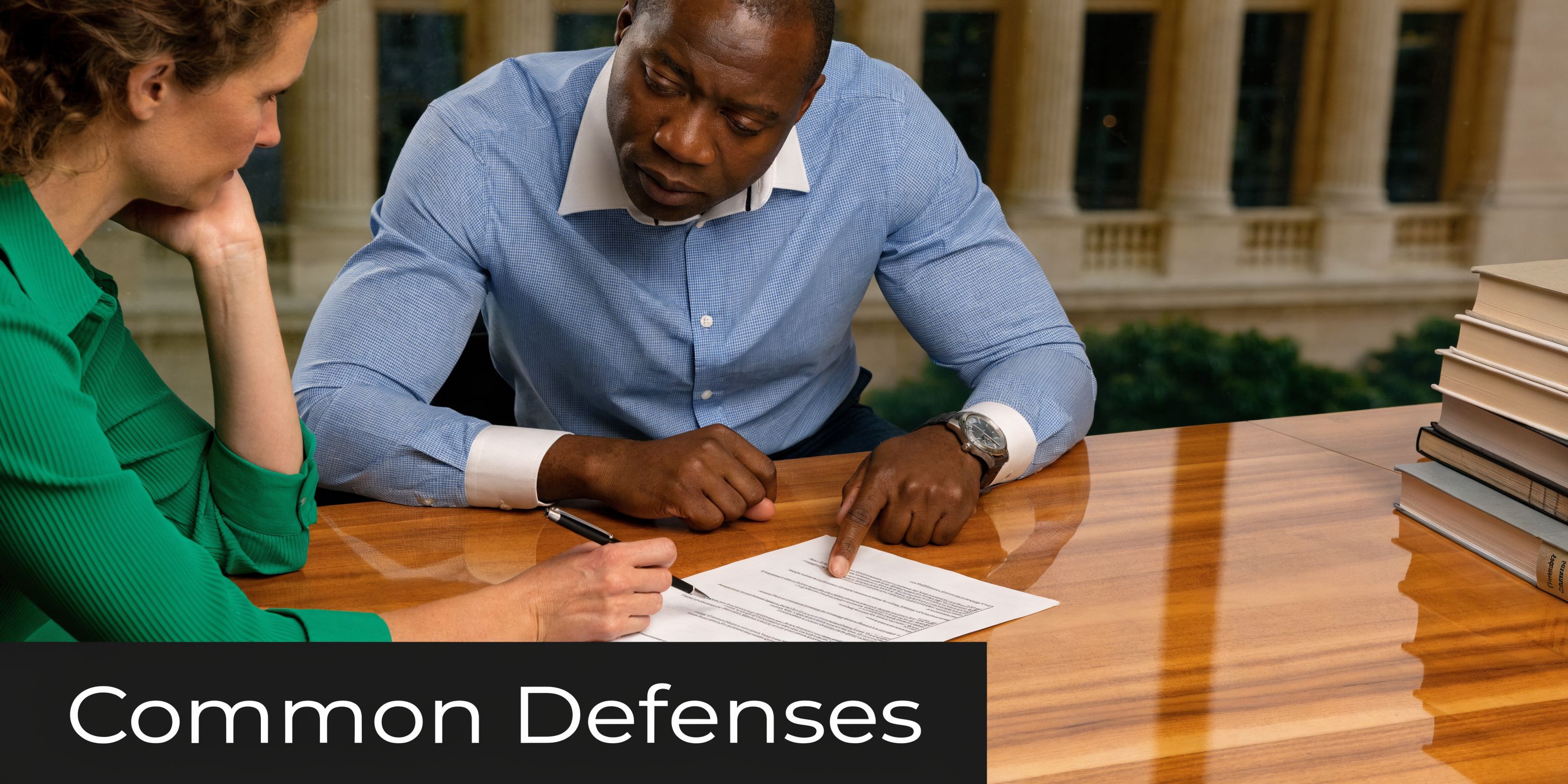 A professional man and woman sitting at a desk reviewing a contract document for legal purposes.