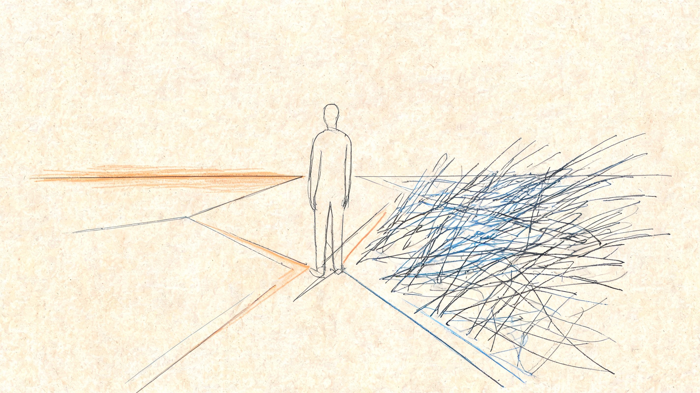 A simple sketch of a person standing at a crossroads between clear ground and messy scribbles.