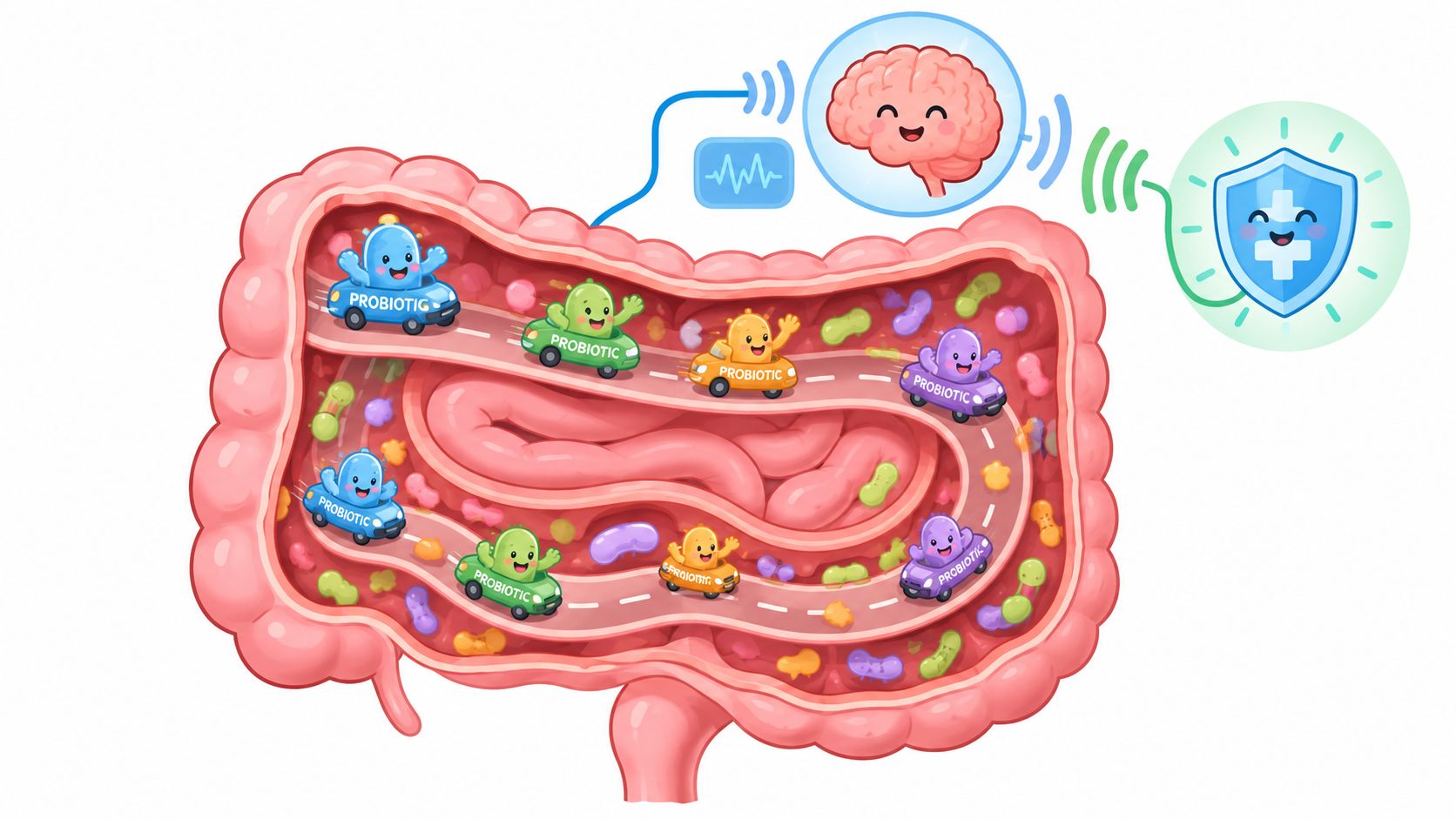 A colorful illustration showing probiotics traveling through the digestive tract and communicating with the brain and immune system.